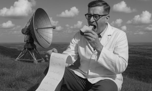 A man sits on a hill reviewing a long piece of paper with graphs on it, whilst eating his lunch. In the background is a large satellite dish.