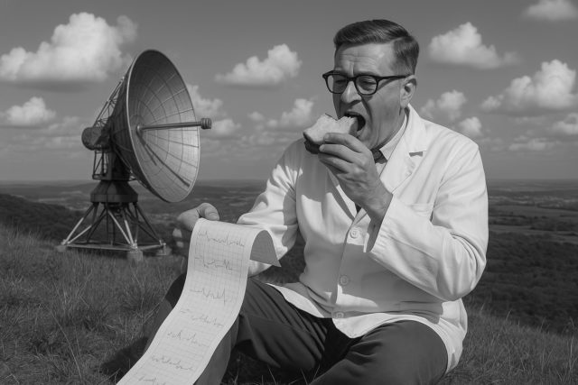 A man sits on a hill reviewing a long piece of paper with graphs on it, whilst eating his lunch. In the background is a large satellite dish.