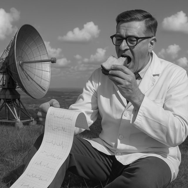 A man sits on a hill reviewing a long piece of paper with graphs on it, whilst eating his lunch. In the background is a large satellite dish.